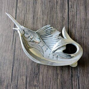 Marlin Fish Shape Silver Tone Trinket Dish 12" Coastal Swordfish Pewter Aluminum